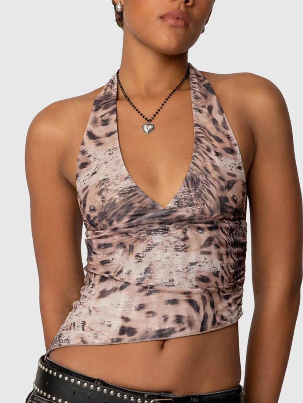 NWT Edikted Leopard Mesh Asymmetric Halter Top